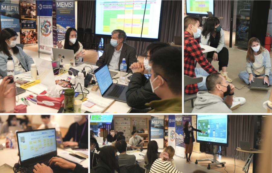 A collection of four photos of students sitting at a desk with laptops with a faculty member, sitting on a floor together collaborating, and in a classroom listening to a person present in front of a large screen.