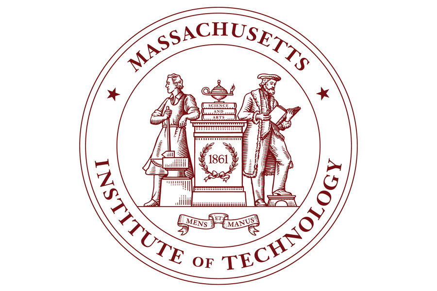 The MIT Seal is circular with 2 people, a metalsmith with an anvil, and a scholar reading a book. They stand next to a podium with a lamp, books saying “Science and Arts,” and a wreath with “1861” inside. A banner says “Mens et Manus.” Around the edge, it says Massachusetts Institute of Technology.
